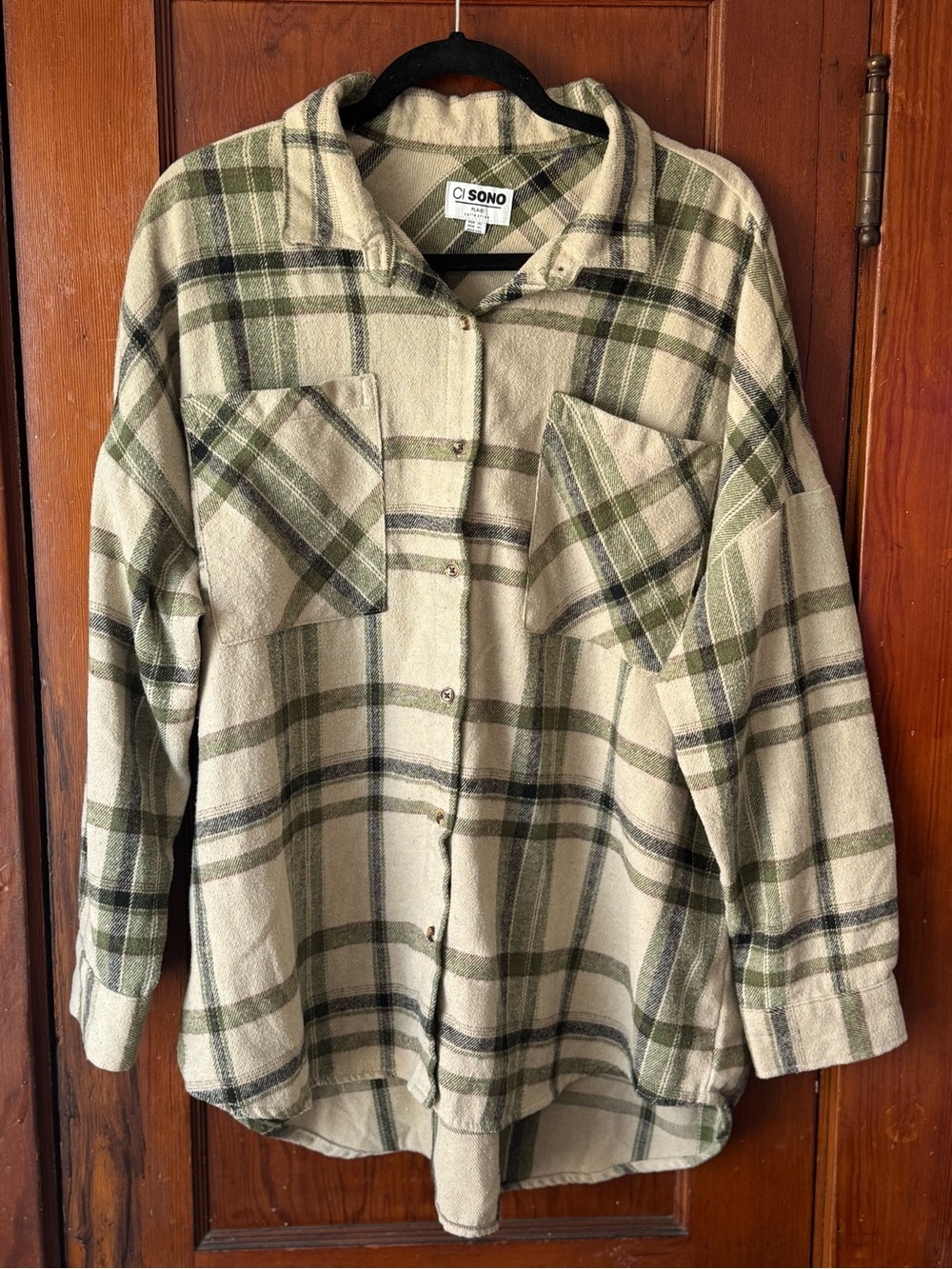 Ci Sono Olive Green and Cream Plaid Shacket